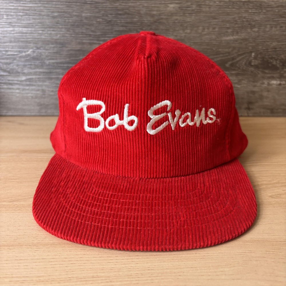 VINTAGE Bob Evans Hat Cap Snap Back Red Corduroy Embroidered Made USA Mens 90s